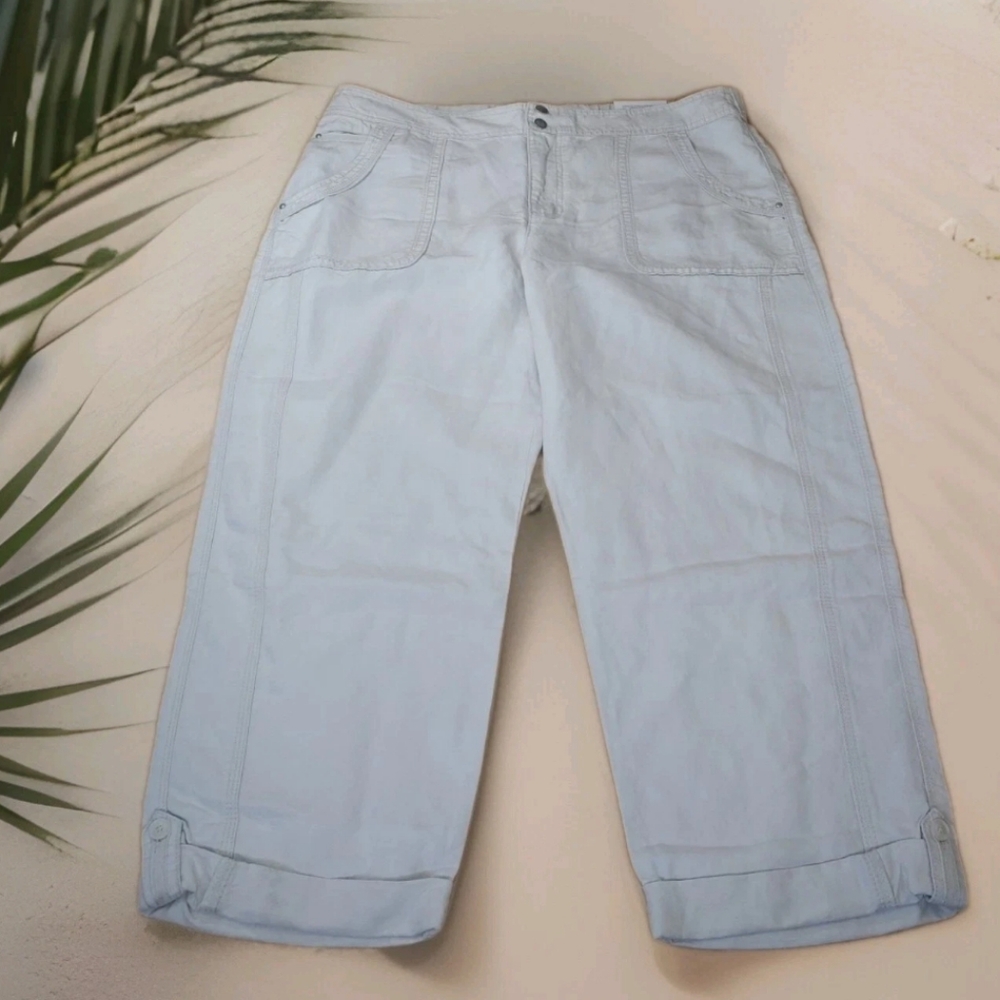 Chico's 3 Cropped Pants Plus Sz 16/18W Linen Blend Stone Rolled Hem Nwt